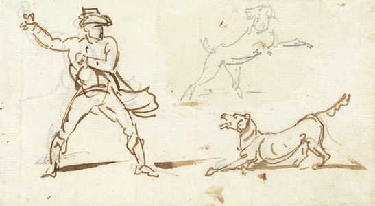 A Man throwing a Ball to a Dog (pen & graphite on paper)