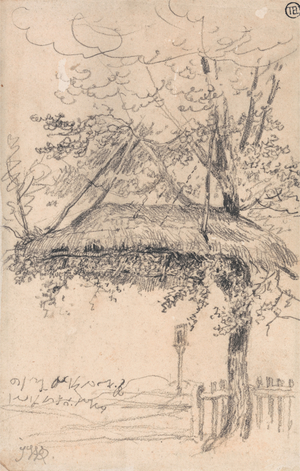 A Thatched Shelter Suspended from a Tree (pencil & black ink on paper)