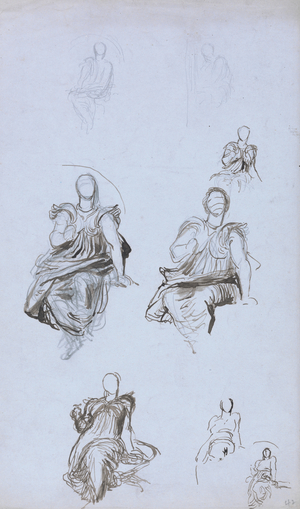 Studies of a seated figure with a book (pen & brown ink and graphite on blue paper)