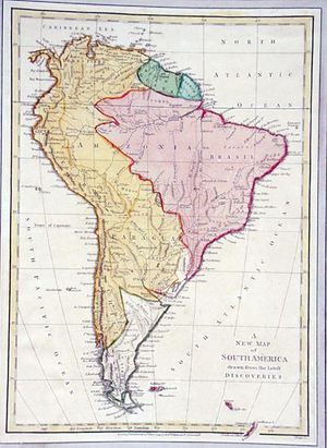 A New Map of South America, drawn from the latest discoveries, page 75 from 'Descriptive Letters and Drawings, Volume 1' by James Forbes, published in London, 1794 (hand coloured engraving)