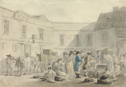 The Customs House at Boulogne - verso: Graphite Sketch of Horses, Carriages and Buildings (pen & ink & w/c on paper)