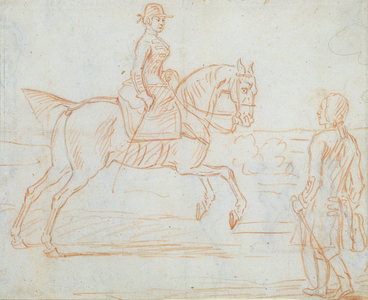 A lady riding side-saddle turns to look at a dismounted rider (graphite & red chalk)