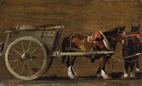 A Farm Cart with two Horses in Harness: A Study for the Cart in 'Stour Valley and Dedham Village, 1814 (oil on canvas on board)