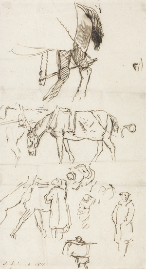 Studies of Horses, Men and Carriages, 1811 (pen and brown ink on paper)