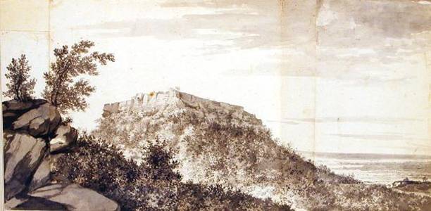 View of the Fort of Bidjegur (Bijagarh) c.1781 (grey wash and graphite on joined pieces of mounted paper) (see also 174459)