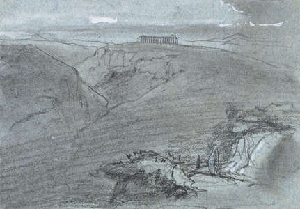 Segesta, from 'Views of Sicily' (chalk & gouache on blue paper)