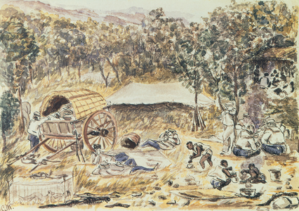 Evening Halt on the Journey to Seek a Road for the Carriage of the Lady Nyasa from the Falls to the Lake, c.1863 (w/c on paper)