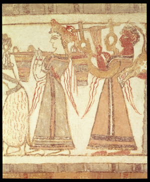 Ritual scene of worship, possibly concerning the veneration of the dead, detail of decoration on a sarcophagus from a tomb at Ayia Triada, Crete, Late Minoan Period, c.1390 BC (painted plaster on limestone) (detail of 106118)