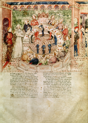 Ms Fr 343 fol.3 Sir Galahad is Welcomed to the Round Table, from the Queste del Saint Graal, c.1380-85 (vellum)
