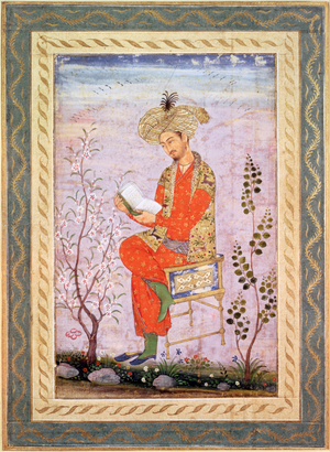 Babur (r.1526-30) Reading, Mughal (w/c on paper)