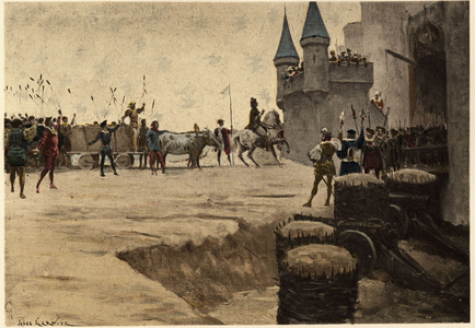 The army of Ulrich Gallet, sent by Grandgousier, the father of Gargantua, before the castle of Picrochole, king of Lerne, with canes and reeds as a sign of peace. Gargantua. Illustration by Jules Garnier. In “” Rabelais et l'Oeuvre de Jules Garnier”, 1897.