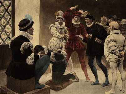 Men playing chapifou (marquee). Gargantua. llustration by Jules Garnier. In “” Rabelais et l'Oeuvre de Jules Garnier”, 1897.