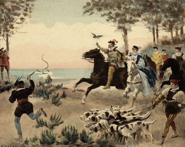 Residents of Theleme Abbey, the Thelemites, hunting. Gargantua. llustration by Jules Garnier. In “” Rabelais et l'Oeuvre de Jules Garnier”, 1897.