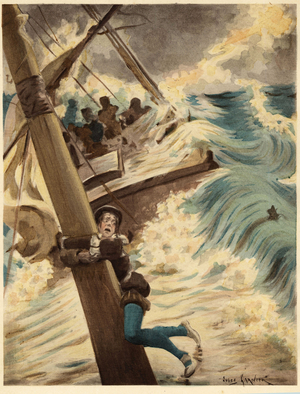 Panurge hangs on the mat of a boat during a sea storm. Pantagruel. llustration by Jules Garnier. In “” Rabelais et l'Oeuvre de Jules Garnier”, 1897.