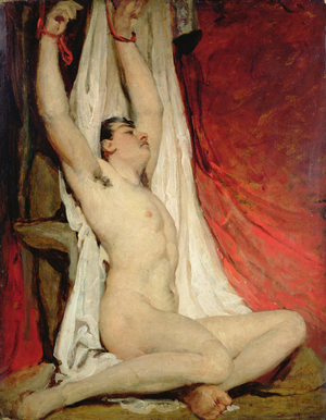 Male Nude, with Arms Up-Stretched, 1828-30 (oil on millboard)