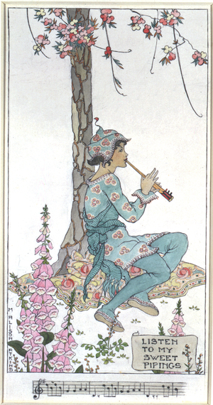 Listen to My Sweet Pipings (pen and ink and watercolour over pencil on drawing board)