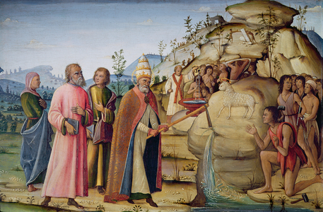 St. Clement Striking the Rock below the Holy Lamb (oil on linen on panel)