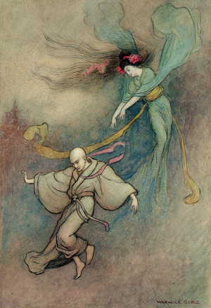 The Bell of Dojoji (pen and ink and watercolour over pencil on paper laid on board)