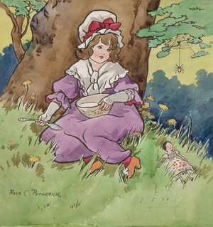 Little Miss Muffet (watercolour over pencil on drawing board)
