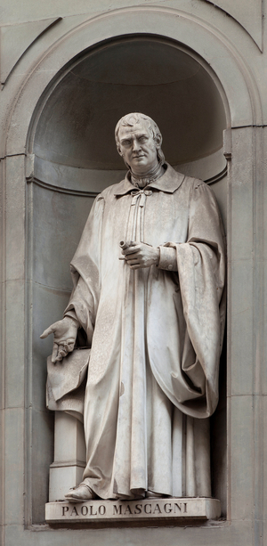 Statue of Paolo Mascagni (1755-1815), Italian doctor, Sculpture by Lodovico Caselli (1810-1856), installed in the Piazzale des Uffizi (piazzale degli Uffizi) in Florence. Photography, KIM Youngtae, Florence, Tuscany, Italy.