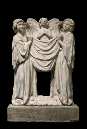 Angels bearing a soul, marble sculpture from Lombardy, Italy, dating from the 2nd half of the 14th century., Lyon, Musee des beaux arts de Lyon.