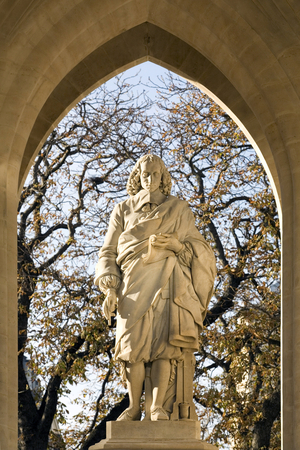 Statue of Blaise Pascal (1623-1662), philosopher, French scientist, marble sculpture by Pierre Jules Cavelier (1814-1894), erigee at the bottom of the Saint Jacques Tower in Paris. Photography, KIM Youngtae, Paris.