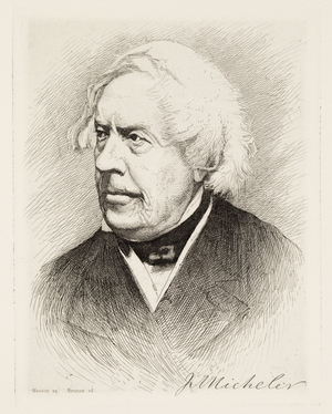 Portrait of Jules Michelet (1789-1874), historian, French writer, engraving in Centennial of the birth of Michelet, official record of celebrations, 1899. Photography, KIM Youngtae, Paris, Archives nationales.