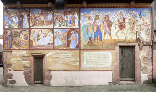 La Danse macabre, Painting decorating the north wall of the church of Our Lady of Seven Sorrows in Kientzheim, representing an allegory of death, Partial reproduction made in 1977 of the original work dating from 1517, composed of 31 paintings and accompanied by 500 verses, disappeared today., Kientzheim, Haut Rhin, Alsace.
