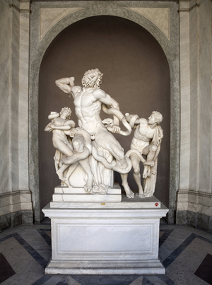Groupe du Laocoon, le pretre Troyen d'Apollon, Laocoon, meurt etouffe avec ses deux enfants par deux serpents, Sculpture en marbre des Rhodiens Agesandre, Athenodore et Polydore, 2eme ou 1er siecle avant JC, provenant des Thermes de Titus a Rome. Photographie, KIM Youngtae, Musee Pio Clementino, Vatican, Rome, Italie. 