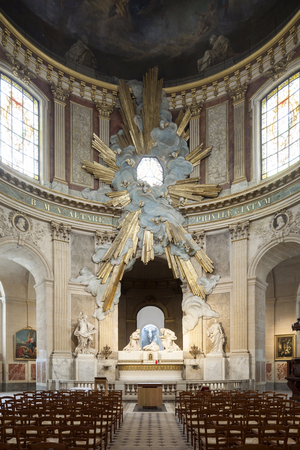 View of the chapel of the Virgin of the Church of Saint Roch in Paris, Chapel designed by Jules Hardouin Mansart (1646-1708), built in 1709 at the bedside of the church of Saint Roch whose plans designed by the architect Jacques Le Mercier (1585-1654) are inspired by the model of the church established by the Jesuites as the Church of Gesu and the Church of Saint Ignace from Loyola to Rome, the Divine glory above the altar is the work of Etienne Maurice Falconet (1716-1791). French religious architecture in Baroque style. Photography, KIM Youngtae, Paris.