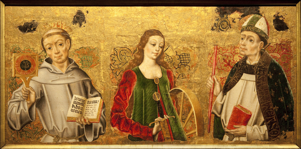 Saint Bernardino of Siena (Bernardino da Siena or Bernardino degli Albizzeschi), Saint Catherine of Alexandria, Saint Louis of Toulouse (San Ludovico di Tolosa, Louis d'Anjou). Painting dating from the beginning of the 16th century, Spanish art. Photography, KIM Youngtae, Chateau de Langeais, Langeais.