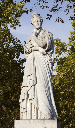 Statue of Margarita of Angoulema or Margarita of Navarre (1492-1549), sister of King Francois 1st, Queen of Navarre, influential in diplomacy, protector of the arts, Marble sculpture by Joseph Stanislas Lescorne (1799-1872), installed in the Luxembourg Garden in Paris. Photography, KIM Youngtae, Paris.