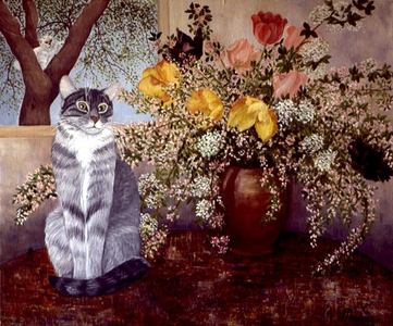 Cat with a Bouquet (oil on canvas)
