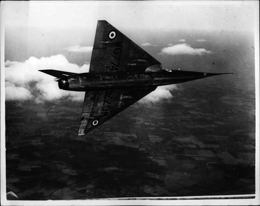 Sep. 09, 1953 - Delta research aircraft for Farnborough: This is the first in flight photograph of the Fairey Delta 2, which will make its first public appearance at teh 1955 S.B.A.C. Flying Display at Farnborough next week. Most advanced research aircraft yet built in Britain, the Fairey Delta 2 is capable of exceeding range of altitudes. Its 60 degrees sweptback delta wings represent the most advanced configuration yet flown and British aeroplane. It has a Rolls-Royce Avon turbojet and is fitted with a Fairey Powered Flying Controls. Pilot of the Fairey Delta 2 at Farnborough will be Peter Twiss, who made the first test flight in this aircraft in October 1954. Outstanding feature of the flying display will be a demonstration of the F.D. 2's” drop snoot”, in which the whole of the needle nose, including the cockpit, can be lowered by the pilot to improve forward view for take off and landing.