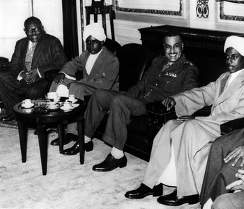 Dec. 12, 1954 - Sudanese Leaders visit Egyptian Premier: The Sudanese Prime Minister, Mtre. Ismail El Azhary, accompanied by the two some of Sayed Ali El Mirghany, the Sudan Spiritual Leader - recently paid a visit to Egyptian Premier, Gamal Abdel Nasser