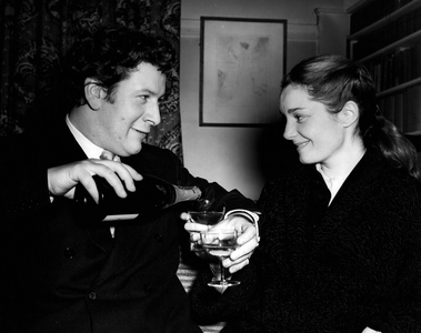 Feb. 02, 1954 - Peter Ustinov Weds in Secret. Actor playwright, Peter Ustinov, 32, toasts his bride, actress Suzanne Cloutier, 25, after they married secretly at Chelsea Register Office yesterday. Few friends knew of their plan. Peter drove to Elstree Studio to work on a film after a hasty celebration toast in champagne