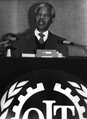June 6, 1990 - Geneva, Switzerland - Leader NELSON MANDELA (1918-2013) gives a speech to the International Organisation of Work. He pleaded for economic sanctions against Southafrica until the end of apartheid
