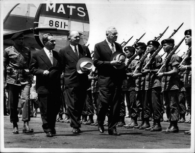 May 05, 1953 - American Secretery Of State Arrives In Israel.. Infects Guard Of Honor.. : Mr. John Foster Dulles the American Secretary of State received a great welcome when he arrived at Ludde Airport - recently -in his visit to Israel. Photo Shows Inspecting the Guard of Honour of Airborne Regiment - on arrival at Ludde L-R: Commander of Guard; Mr. Sharett; Mr. H. Stassen U.S. Ambassador and Mr. John Foster