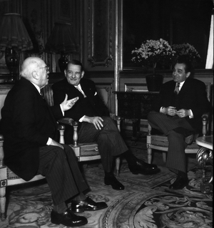 Jan. 01, 1955 - Albert Sarrat, President of the Assembly of the French Union, and Pierre Mendes France, President of the Council, are pictured during a reception at the Elysee Palace this morning with President Coty