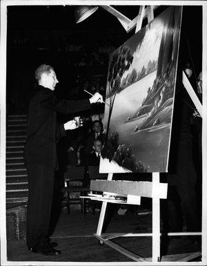 Apr. 04, 1953 - Faster paints for the blim revivalist 4000. To illustrate his point to 4000 devotees of the Elim four Sayre gospel in the Albert hell, London last night, pastor Willard Cantelon, from Washington, D.C. got out his peers. An in 15 minutes he had completed a picture in oils of the place where Christ was baptized in the River Jordan, There were no figures, either of Jesus or anyone else - it was a pure landscape done in bright and simple colours. 36-year old pastor cantelon, who is a cousin of Walt Disney, was taking part in the Elim Master rally and as the west audience watched him paint, his little niece, christian cantelon, sang into the microphone