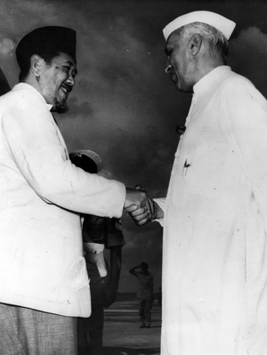Sep. 09, 1954 - Indonesian Premier Arrives in Delhi: Mr. Ali Sastroamidjojo, the Indonesian Prime Minister, on left, seen being greeted by Mr. Nehru, on his recent arrival at Indian Air Force Station, near Palam Airport, New Delhi, recently