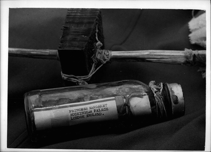 Sep. 09, 1953 - Princess Margaret To Get A Sea Note: A bottle containing a present for Princess Margaret was washed up at Southwick, Sussex, after crossing the Atlantic. It was found by Mr. C. Todman, of Albert Road, Sothwick, on the beach under some seaweed. The present was a plaque showing a boat comming into harbour. There was also a roll of paper inside the bottle. This was addressed to Princess Margaret and it came from Joseph A. Rinkoski, SS American inventor. Pier 59, New York. Nobody knows what message the bottle contains, for Mr Todman will not open it” It belongs to the Princess and I am posting it off to her” he said