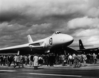 Sep. 09, 1954 - Atom Bomber Stops The Show: Aviation experts and technicians from all over the world recently attended the Society of British Aircraft Constructors' annual Flying Display and Exhibition at Farnborough, England. Military stars of the show were three multi-engined jet atom bombers, the Vickers Valiant, the Avro Vulcan and the Handley Page Victor. On the civil aviation side were the turbo-prop airliners Vickers Viscount, the Bristol Britannia and the jet Comet III