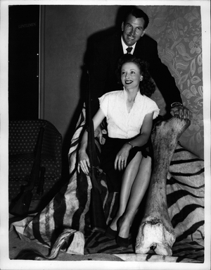 Nov. 11, 1953 - Press reception for Screen stars returning from location in Africa.: A reception was held this afternoon at Stratford Court, Oxford Street for screen stars John Calvert and his wife Ann Cornell who have just returned to this country after filming 'Africa's Strange Horizons' in Africa during which they trekked over 800 miles to find the right rentals