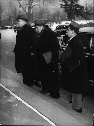 Jan. 01, 1954 - Four Power Conference Berlin; The Soviet delegation fltr Heloton, Gromyko, Malak entering the conference building