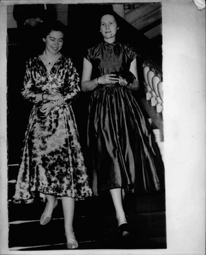Tue 15, 1954 - A Queen And The Chancellors's Daughter... Dr. Adenauer On Visit To Athens.. Dr. Adenauer the West German Chancellor who is on a visit to Greece - were guests of King Paul and Queen Frederica when they visited the Royal Palace in Athens. Keystone Photo Shows: - Queen Frederica and Miss Lotti Adenauer - walking down the stairs at the Royal Palace during the visit