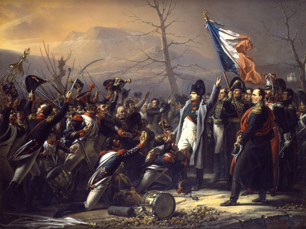 Image of Napoleon returning from Elba, Steuben, Charles Auguste (1788 - 1856) , The French Flag is waved by a general, battle scenes to the right of the image are depicted, to the left the Napoleonic French Army stands proudly/ Private Collection,Photo © Christie's Images / Bridgeman Images 