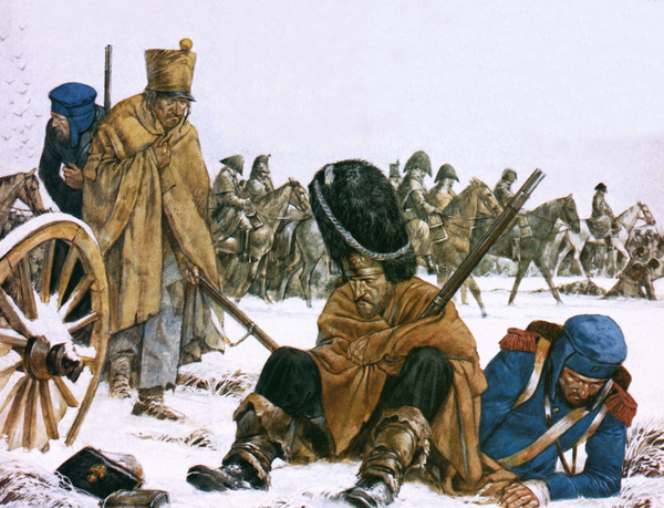 Image of Napoleon’s retreat from Moscow, Soldiers lie on the floor defeated and injured, snow encompasses the sceneHook, Richard (b.1938) / Private Collection © Look and Learn / Bridgeman Images