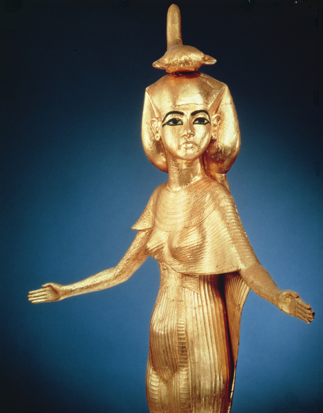 Image of a Detail of the goddess Selket from the canopic shrine, from the Tomb of Tutankhamun, New Kingdom (gilded wood), Egyptian 18th Dynasty (c.1567-1320 BC) / Egyptian