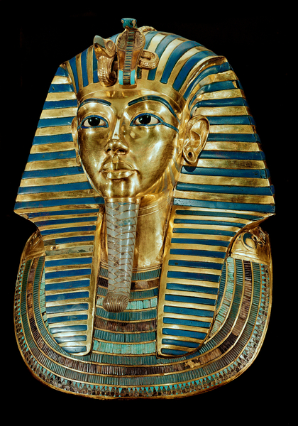 Image of Egyptian antiquite: gold mask of Tutankhamun being part of the Tresor of the Pharaoh - Around 1340 BC, From the tomb of All-Ankh-Amon (Tutankhamun or Tutankhamun), Valley of the Kings, Deir el Bahari (Dayr al-Bahri), 18th dynasty, Sun. 54 cm - Cairo, Egyptian Museum - Egyptian civilization: Golden funeral mask of the King Tutankhamun - From the Tomb of Tutankhamun, in Dayr al-Bahri, Valley of the Kings, 18th dynasty, h.54 cm - Egyptian National Museum, Cairo (Egypt), Egyptian 18th Dynasty (c.1567-1320 BC) / Egyptian, Egyptian National Museum, Cairo, Egypt © Luisa Ricciarini / Bridgeman Images